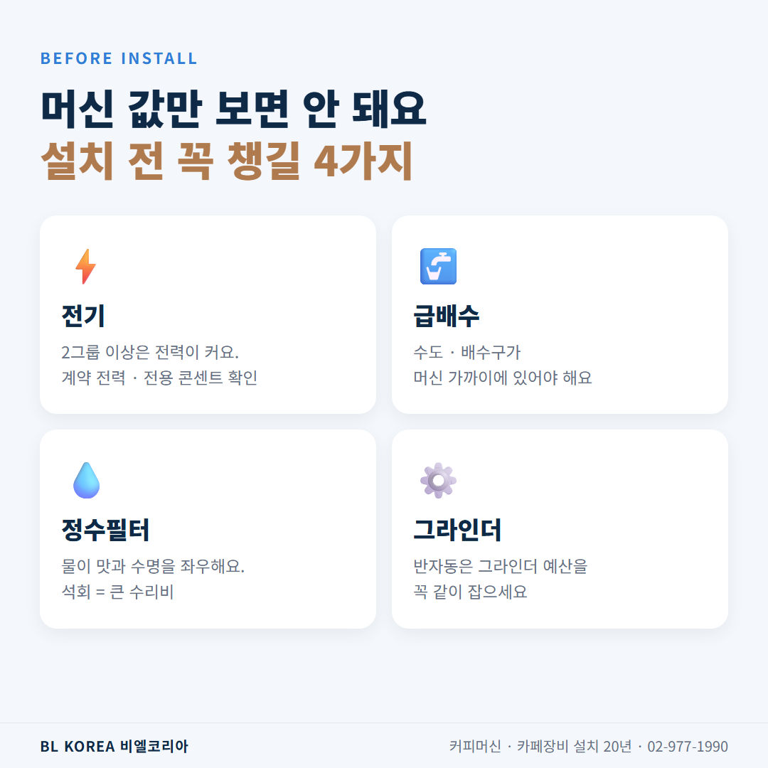 커피머신 설치 전 체크 4가지 전기 급배수 정수필터 그라인더